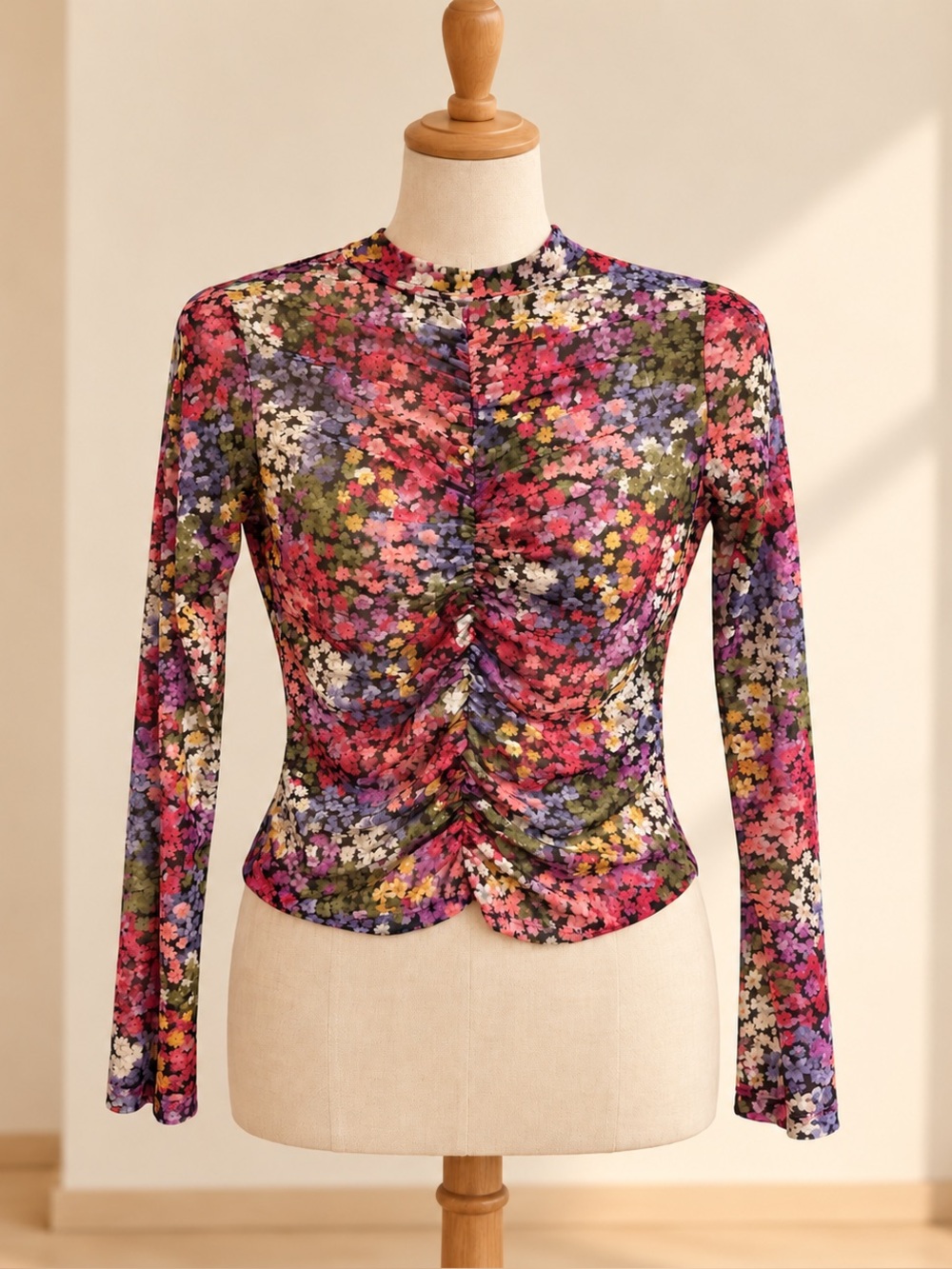 SHEIN Pink Purple Multicolor Floral Ruched Long Sleeve Top